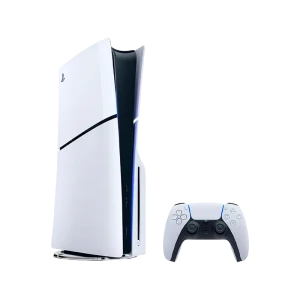 PlayStation 5 Slim Edition com design compacto, suporte para discos físicos e jogos em 4K HDR.
