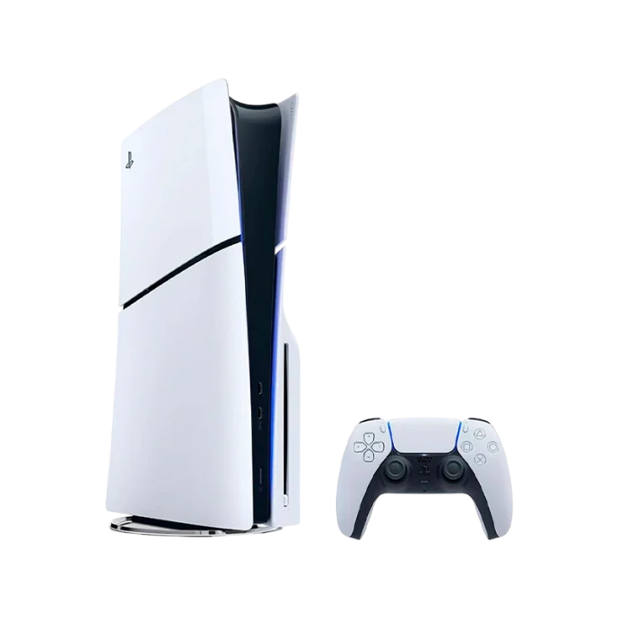 PlayStation 5 Slim Edition com design compacto, suporte para discos físicos e jogos em 4K HDR.