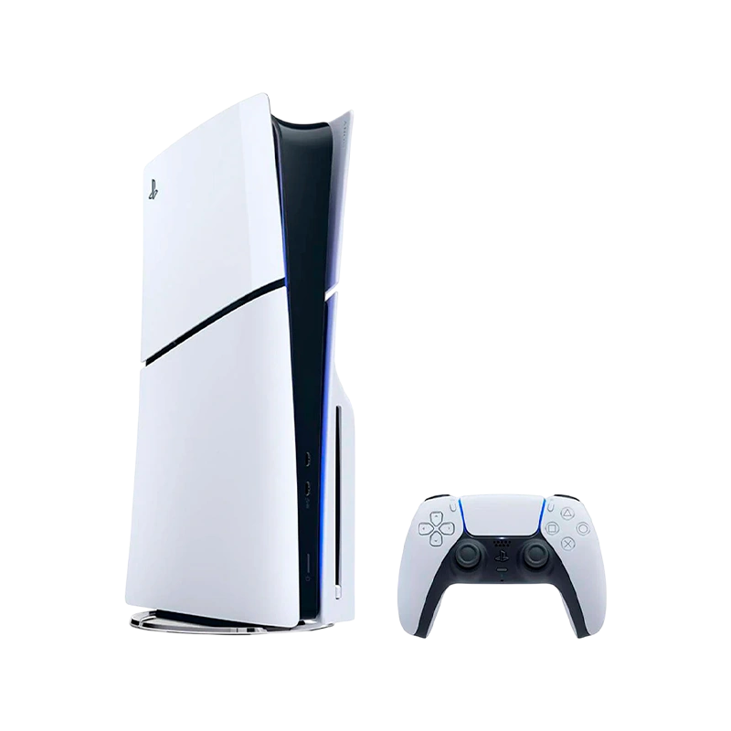 PlayStation 5 Slim Edition com design compacto, suporte para discos físicos e jogos em 4K HDR.