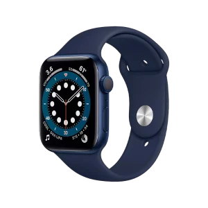 Imagem do Apple Watch Series 6 GPS 44mm com tela Retina Always-On, pulseira desportiva e design moderno.