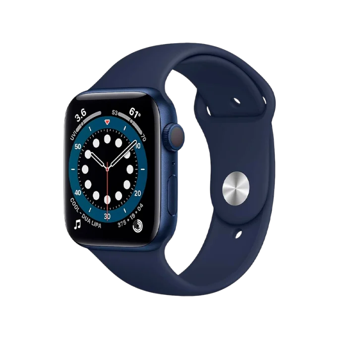 Imagem do Apple Watch Series 6 GPS 44mm com tela Retina Always-On, pulseira desportiva e design moderno.