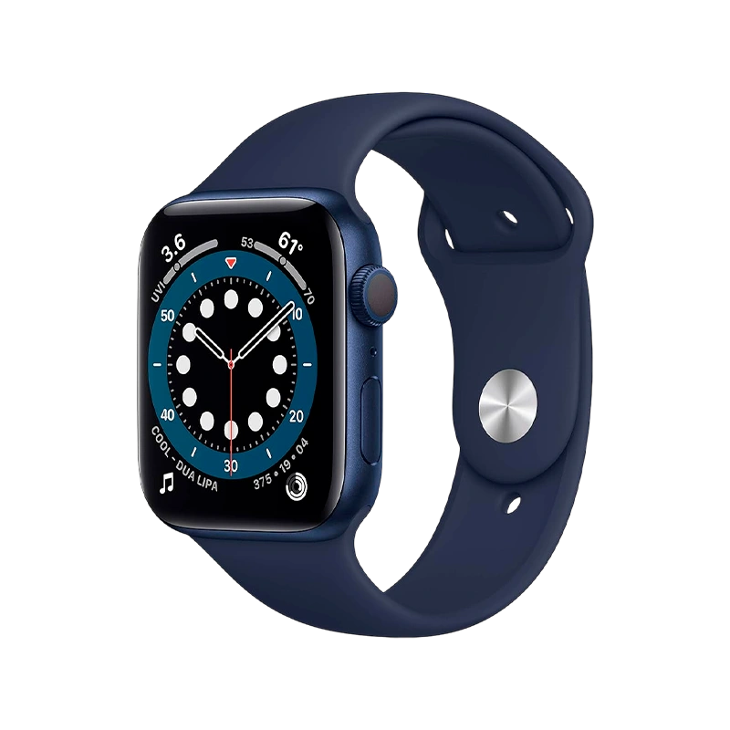 Imagem do Apple Watch Series 6 GPS 44mm com tela Retina Always-On, pulseira desportiva e design moderno.