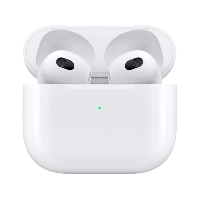 Os Apple AirPods (3ª geração) oferecem áudio imersivo com Dolby Atmos e design ergonômico, na cor branca elegante.