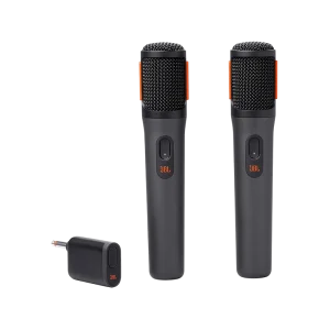 Imagem do microfone JBL PartyBox Wireless (2nd Gen) em preto com detalhes em laranja, projetado para áudio de alta qualidade.