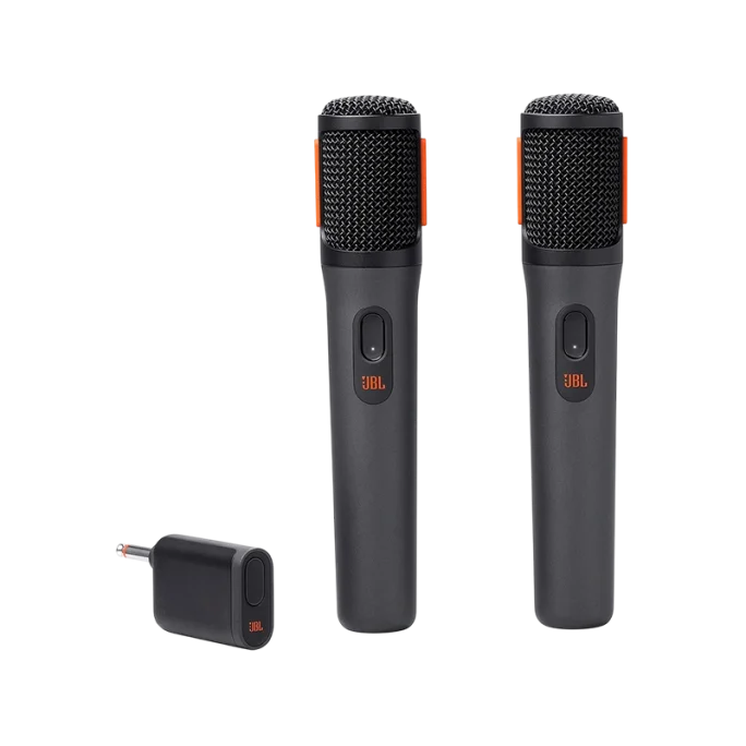 Imagem do microfone JBL PartyBox Wireless (2nd Gen) em preto com detalhes em laranja, projetado para áudio de alta qualidade.