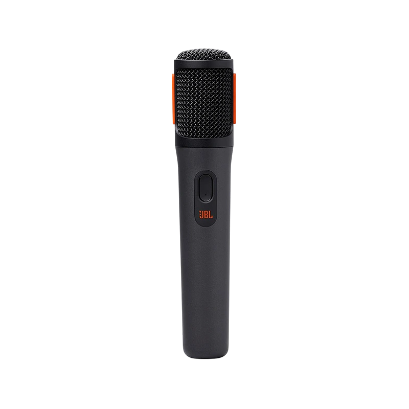 Imagem do microfone JBL PartyBox Wireless (2nd Gen) em preto com detalhes em laranja, projetado para áudio de alta qualidade.
