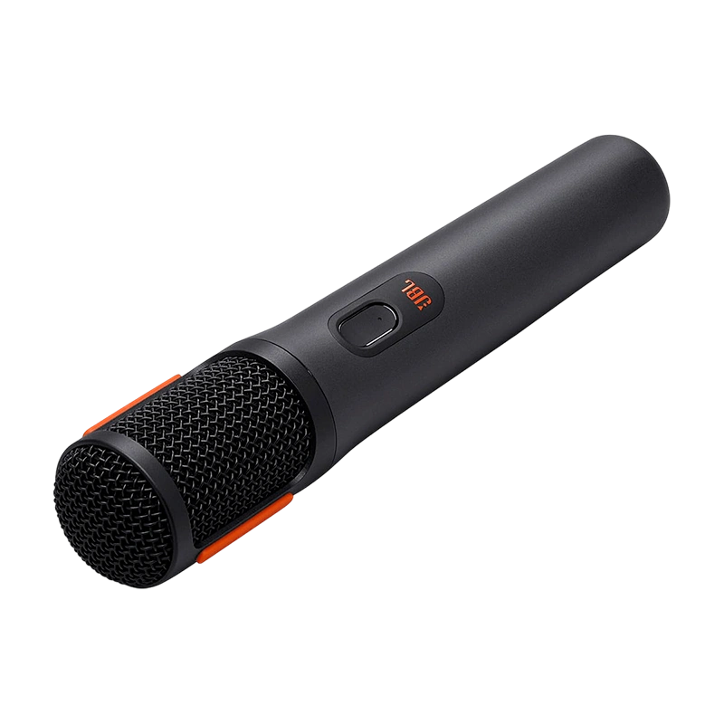 Imagem do microfone JBL PartyBox Wireless (2nd Gen) em preto com detalhes em laranja, projetado para áudio de alta qualidade.