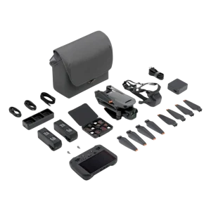 Imagem do DJI Mavic 3 Pro CINE Premium Combo, destacando as câmeras Hasselblad triplas e o controle DJI RC Pro.