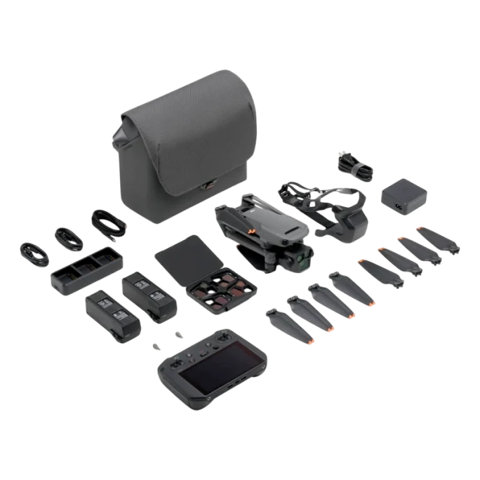 Imagem do DJI Mavic 3 Pro CINE Premium Combo, destacando as câmeras Hasselblad triplas e o controle DJI RC Pro.