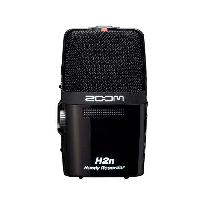 Imagem do gravador de áudio Zoom H2n Handy Recorder, compacto, elegante e equipado com cinco microfones integrados.