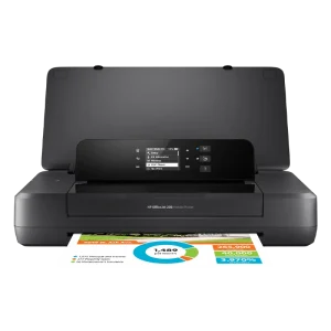 Imagem da impressora portátil HP OfficeJet 200, compacta, preta e sem fio.
