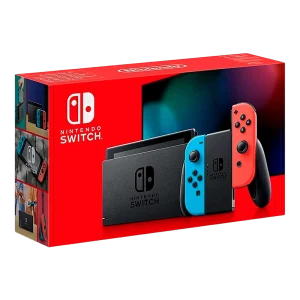 Imagem da Nintendo Switch Neon Blue/Red V2 com controladores destacáveis em azul e vermelho vibrantes.