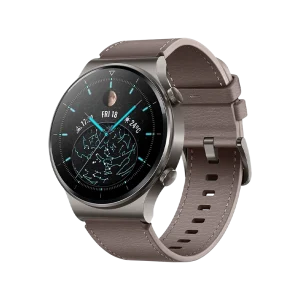 Imagem do Huawei Watch GT 2 Pro Classic 46mm com design em titânio e pulseira em couro marrom.