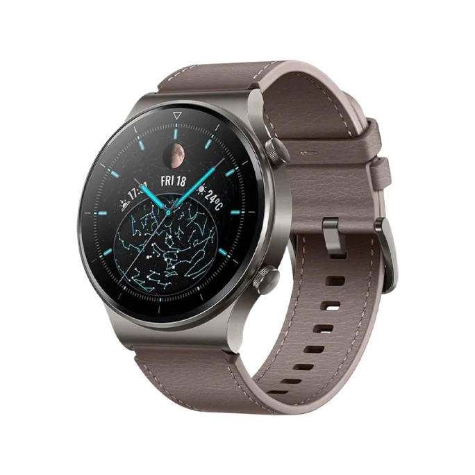 Imagem do Huawei Watch GT 2 Pro Classic 46mm com design em titânio e pulseira em couro marrom.