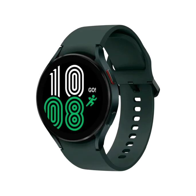 Imagem do Samsung Galaxy Watch 4 44mm BT R870 com design em alumínio e pulseira preta de silicone.