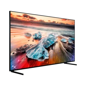 TV Samsung Q900R exibindo imagens 8K detalhadas em uma sala moderna e sofisticada.