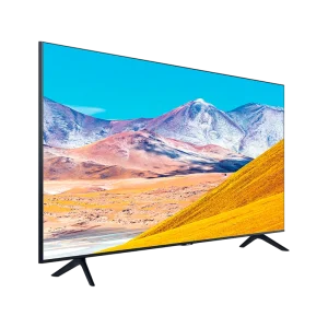 TV Samsung TU8000 com design moderno e resolução 4K UHD, oferecendo uma visualização imersiva em uma grande tela.
